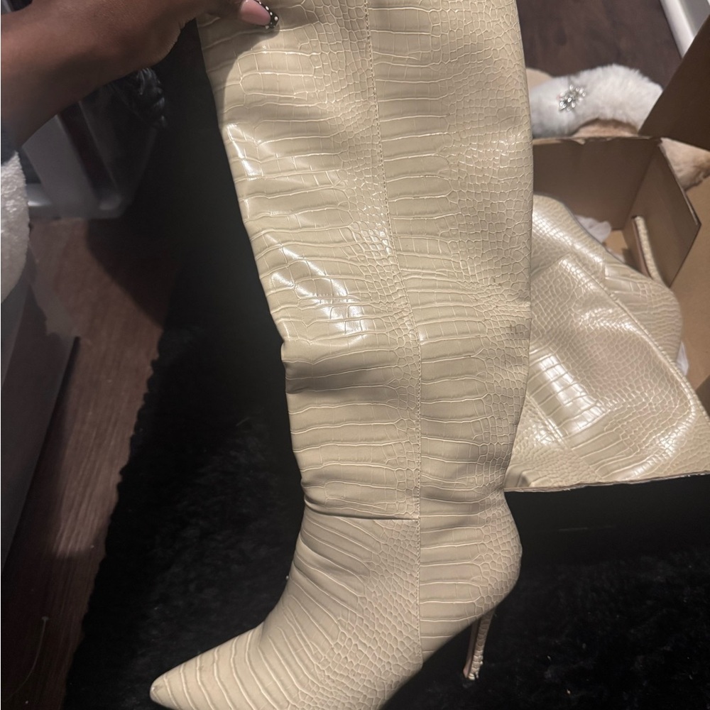Fashion Nova Cream Croc-Embossed Heeled Boots